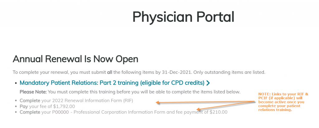 A screenshot of the CPSA Physician Portal listing requirements for the Annual Renewal 2022.