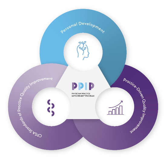 A visual representation of the three quality improvement activities that must be completed at least once every five years as part of PPIP: one in personal development, one related to a CPSA standard of practice and one using objective data from one's practice.